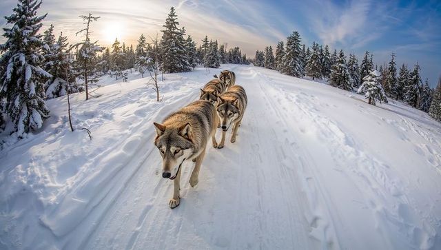 Husky team walking in single file on snow trail through spruce forest at sunset
