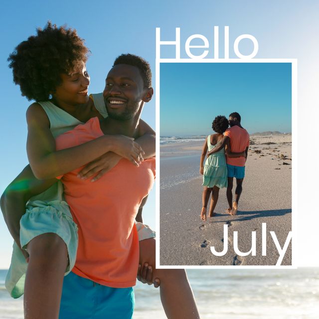 Joyful couple at the beach embracing summer vibes, highlighting the start of a new month. Their smiles and carefree beach walking symbolize relaxation and happiness. Ideal for promotions related to holidays, travel destinations or seasonal greetings in July.