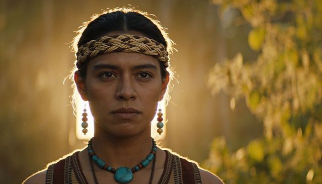 Indigenous woman wearing braided headband and turquoise pendant facing sunlit meadow edge