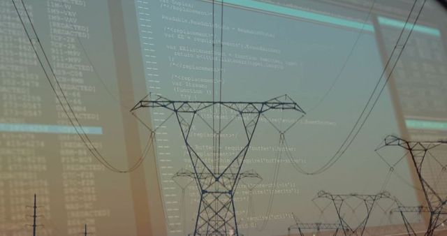 Power Grid and Digital Code Overlay at Dusk