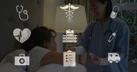 Korean Nurse Assisting Patient with Healthcare Icons