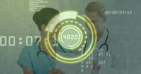 Clinicians reviewing patient data on tablet with futuristic hud overlay and analytics