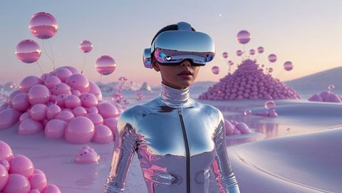Futuristic Explorer in Surreal Digital Landscape