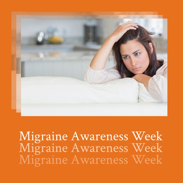 Image of migraine awareness week on orange background and caucasian woman in sofa having headache. Health, medicine and migraine awareness concept.