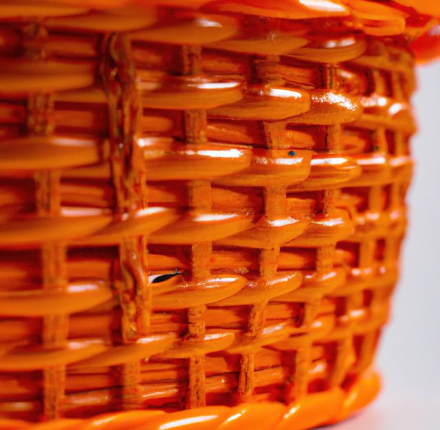Detailed close-up of an orange woven basket showcasing the intricate weaving pattern and glossy finish. Perfect for use in web design, presentations, advertisements, product packaging, and articles related to handicrafts or home decor. The vibrant orange color adds energy and contrast, making it suitable for various creative backgrounds and artistic projects.