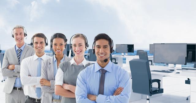 Call center employees standing confidently, each wearing a headset, varying in gender and ethnicity. They appear smiling and approachable which indicates professionalism and a positive work environment. Could be used for illustrating teamwork, customer support services, or corporate communication topics.