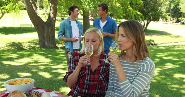 This image shows a group of friends enjoying a picnic in a lush, green park on a sunny day. Two women are in the foreground sipping from glasses of white wine, while two men are seen chatting in the background. Various picnic foods are spread out on a tablecloth. Perfect for promoting outdoor social events, leisure activities, and picnic products.