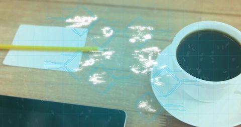 Sitting white coffee cup on wooden desk with tablet, pencil and holographic data overlay