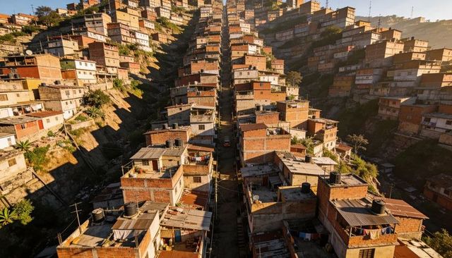 Stacked brick homes climbing steep ravine with rooftop water tanks, narrow central alley