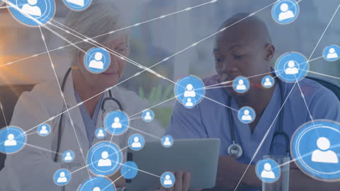 Doctors Discussing Healthcare Technology with Network Overlay
