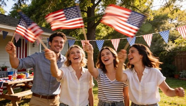 Friends waving american flags in backyard celebration — summer fourth of july party