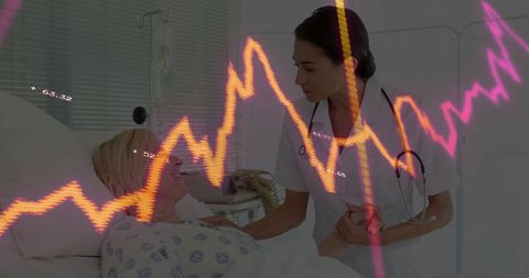 Nurse Comforting Patient While Medical Chart Overlay Shows Vital Signs