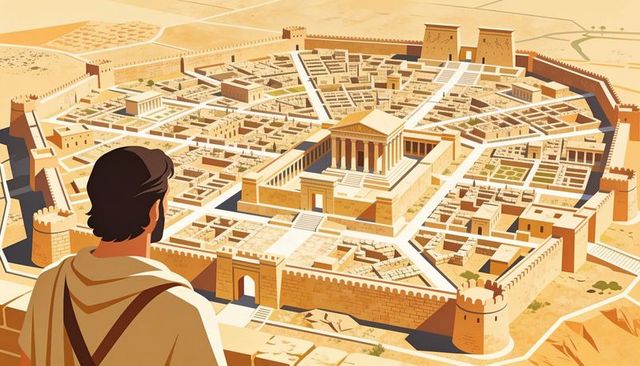 Roaming traveler overlooking ancient walled citadel with grand temple in sunlit desert