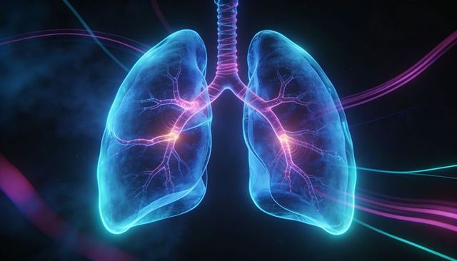 Neon holographic lungs highlighting bronchi and trachea for medical visualization