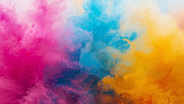 Vibrant ink explosion of magenta, cyan, yellow, and orange colors