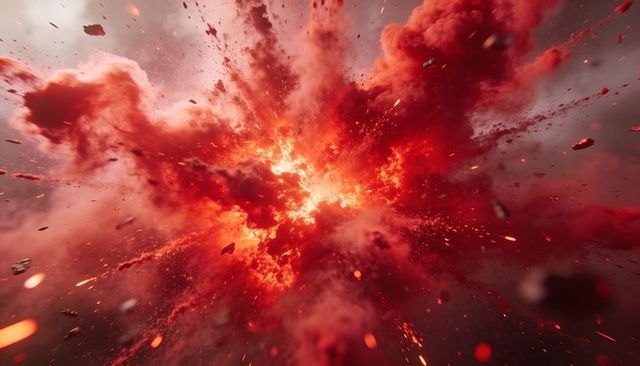 Exploding red fireball sending smoke plumes, embers and flying debris