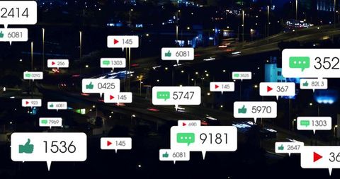 Floating social media notifications over urban night highway with traffic light trails