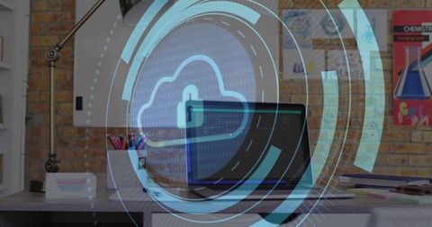 Cloud lock cybersecurity concept displaying encrypted laptop with hud in home office