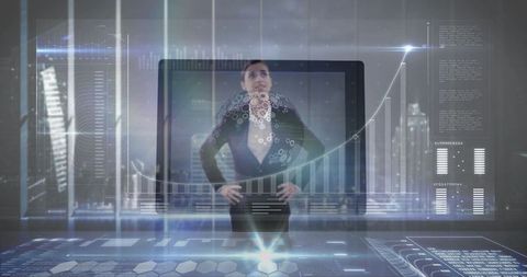 Holographic businesswoman analyzing data in futuristic workspace