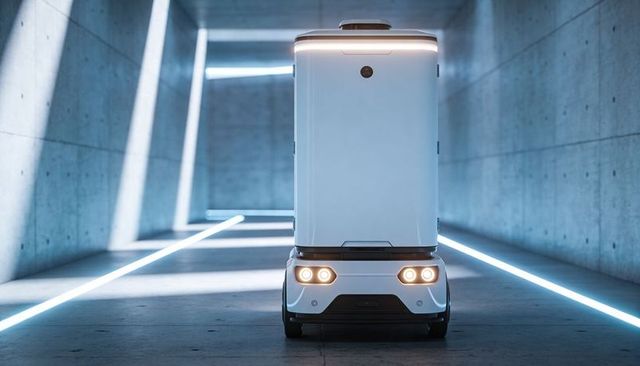 Autonomous delivery robot navigating futuristic concrete corridor with led headlights and cargo bay