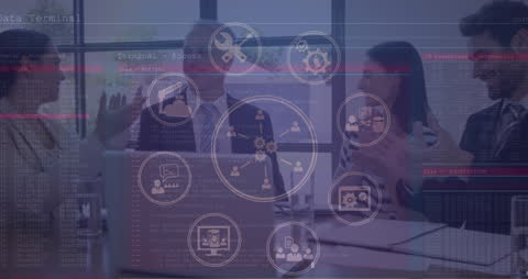 Innovative Business Team Meeting with Digital Technology Interfaces