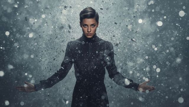 Woman commanding swirling particles in moody symmetrical portrait, dramatic high-neck