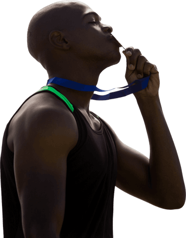 African american sportsman kissing medal transparent background