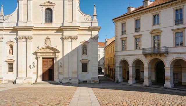 Sunlit baroque church facade with wooden door and arched arcade over cobblestone plaza