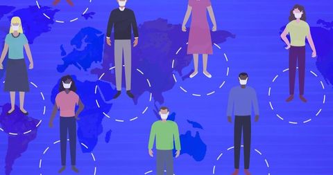 People Wearing Face Masks on World Map Background