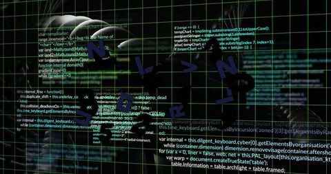 Neon grid with streaming code, silhouetted cyber helmet, cursor and floating 3D letters