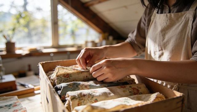 Artisan arranging vintage floral fabrics in sunlit loft studio for textile craft, slow sewing