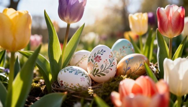 Hand-painted easter eggs nestling in mossy spring garden with tulips and metallic gold egg