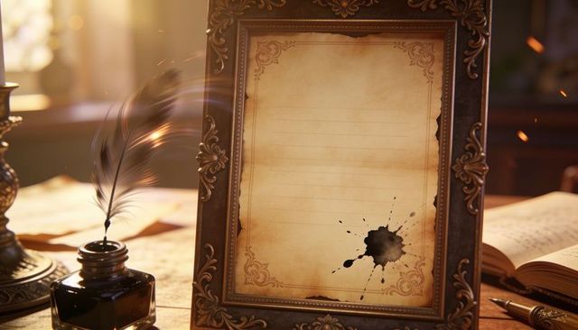 Featuring ornate frame with aged parchment and ink blot, quill and inkwell in antique study