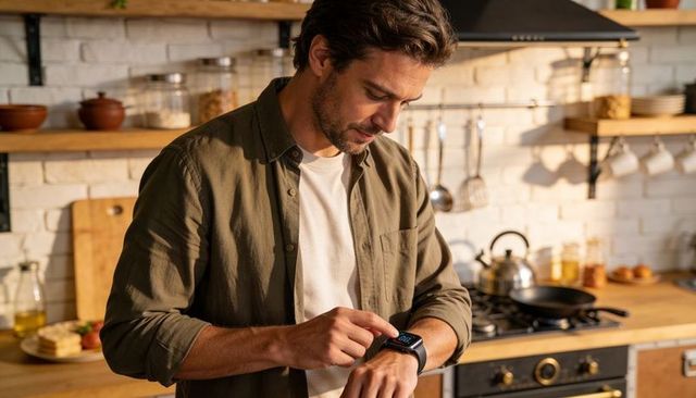 Man checking smartwatch while preparing meal in warm rustic kitchen with gas stove