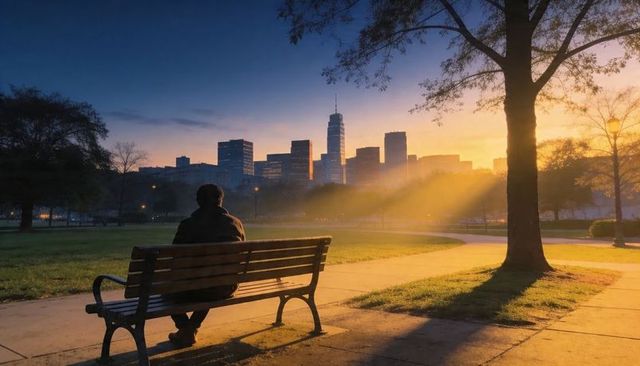 Solitary figure sitting on park bench watching city skyline during golden hour sunlight