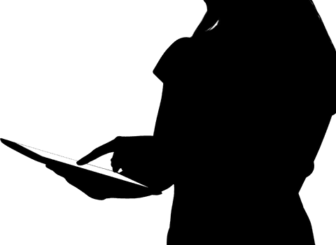 silhouette of a person interacting with a tablet on a transparent background presents themes of digital communication and technology engagement. ideal for use in tech presentations, business communication materials, or web design elements. the transparency makes it versatile for layering onto various graphics and backgrounds.