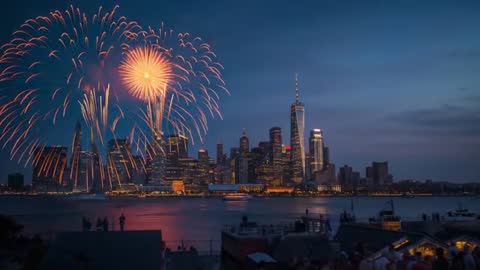 Fireworks Bursting Over Downtown Skyline and Harbor While Rooftops Crowd Watch at Dusk