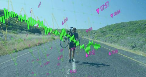 Cyclist with road bike on path amidst technology data overlays