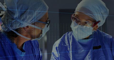 Surgeons performing operation with digital heartbeat display overlay