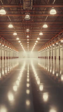 Vertical camera gliding through empty warehouse showing glossy floor reflections and ceiling lights
