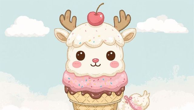 Smiling ice cream deer sitting in pastel sky with waffle cone, sprinkles and cherry antlers