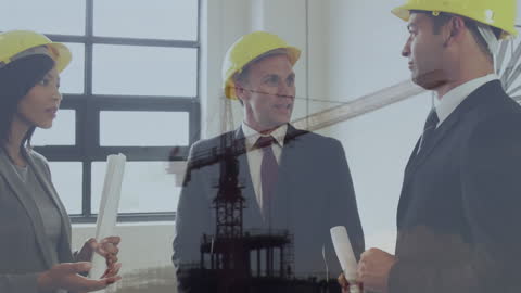 Engineers Discussing Construction Plans in Office with Overlay