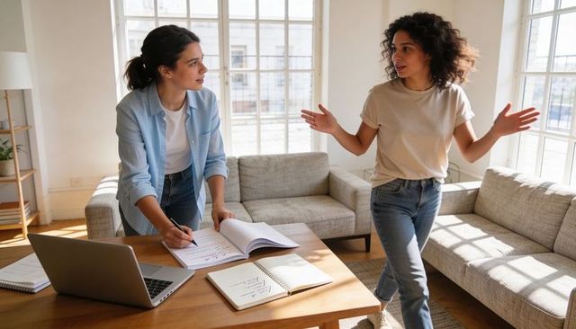 Two women collaborating in bright home office, brainstorming project and taking notes with laptop
