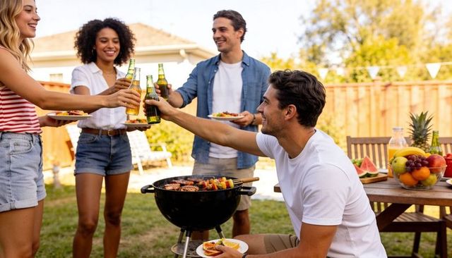 Friends toasting at backyard barbecue around charcoal grill with fresh fruit table