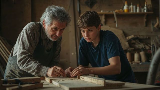 Elderly mentor guiding young apprentice in woodshop craft