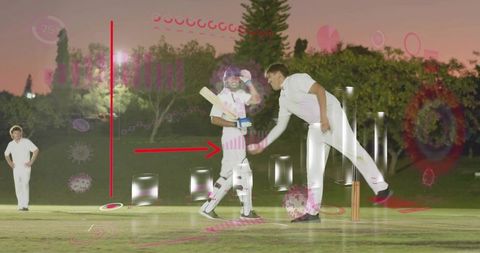 Cricket batsman batting as bowler delivering at dusk with digital analytics overlay