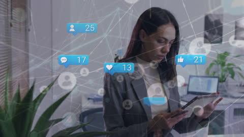 Businesswoman Navigating Social Media Network Overlays on Tablet