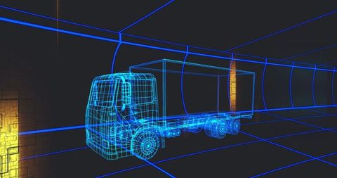 Hovering Neon Wireframe Box Truck Moving Through Futuristic Blue Grid Tunnel