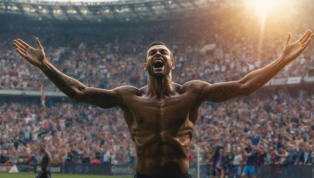 Shirtless tattooed athlete raising arms celebrating victory in packed stadium sunflare