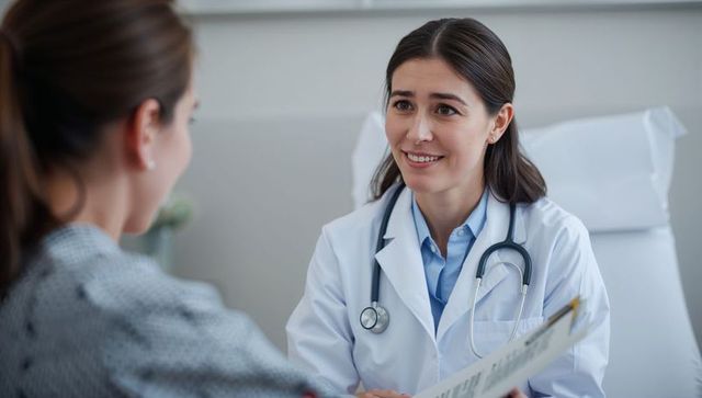 Doctor discussing patient records in clinic consultation